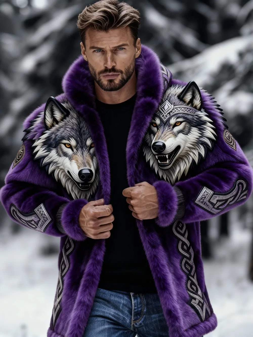 Men's Vintage Viking Wolf Warm Fur Coat