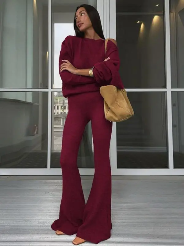 Women's Solid Asymmetrical Neck Top & Flare Leg Pants Set
