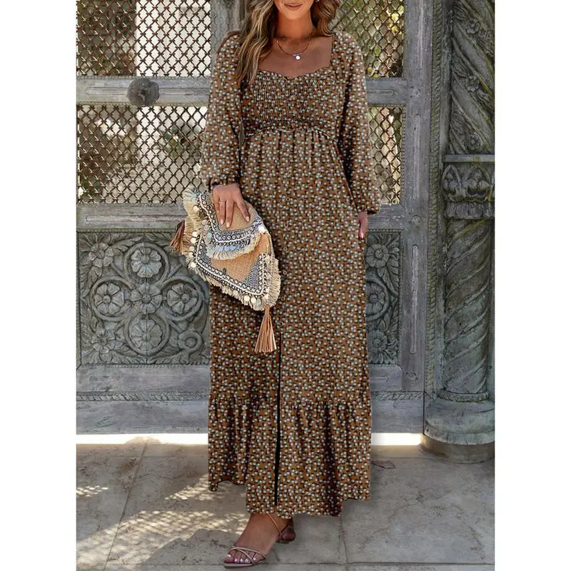 Boho Floral Smocked Square Neck Long Sleeve Maxi Dress