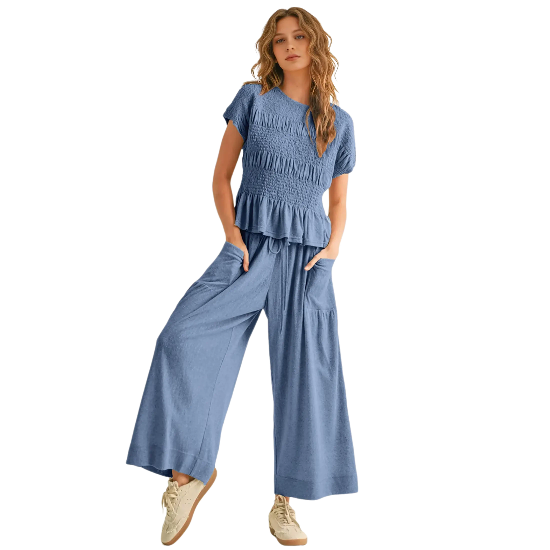 Women's 2-Piece Smocked Top & Wide-Leg Pants Set High-Waisted Lounge Outfit with Pockets Casual Boho Matching Set Minimalist Basic Kleinblue Crewneck Clothes Suits Fitted Trouser