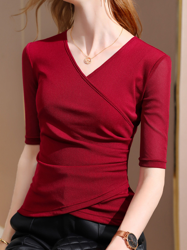 Asymmetric Pleated Solid Color Split-Joint Half Sleeves Plus Size V-Neck T-Shirts Tops