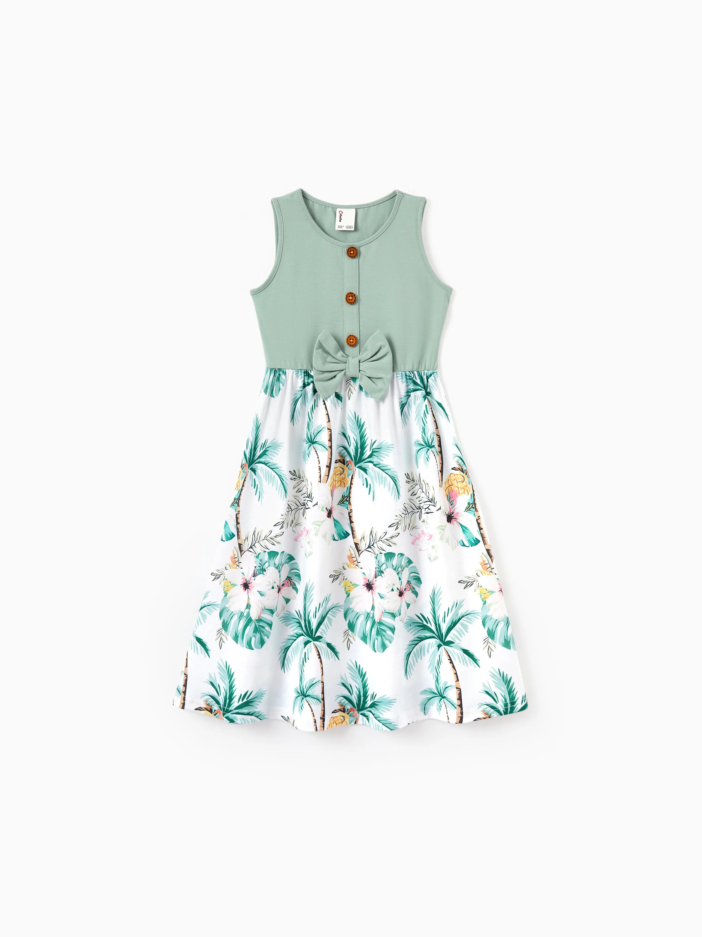 Family Matching Tropical Print Outfits Mommy & Me Tank Dress & Dad/Kids Cotton T-Shirt Set
 Green