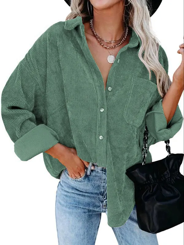 Women's Plain Pocket Button Front Corduroy Shirt