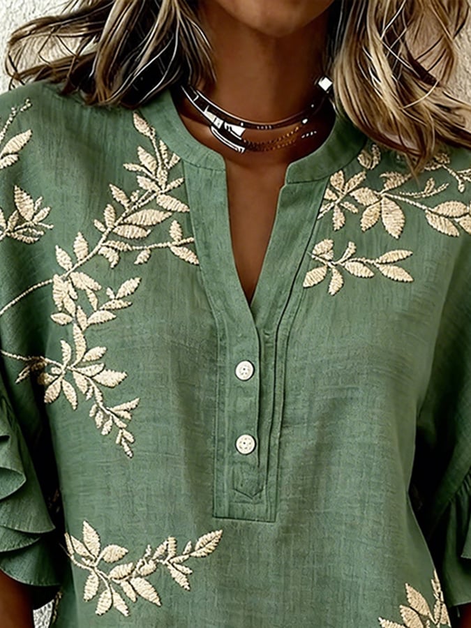 Women's Casual V-Neck Printed Cotton-Linen Top
