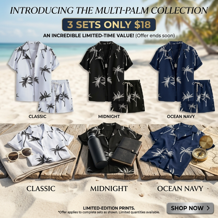 Tropical Palm Tree Print Loungewear Set, Shorts Pyjama Set - Short-Sleeve Button-Up Shirt (Rolled Cuffs) + Drawstring Shorts