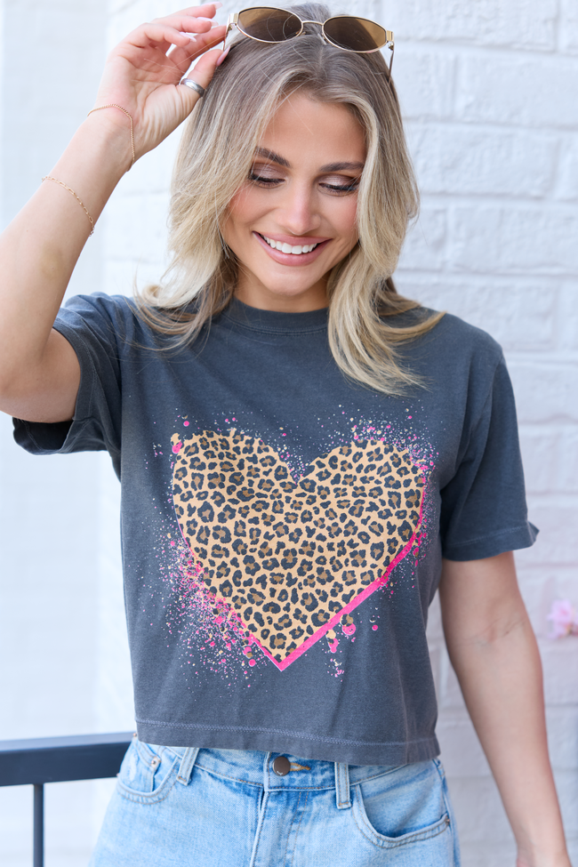 Leopard Heart Dark Grey Boxy Graphic Tee