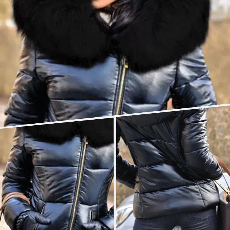 Women's casual warm large fur collar hooded jacket