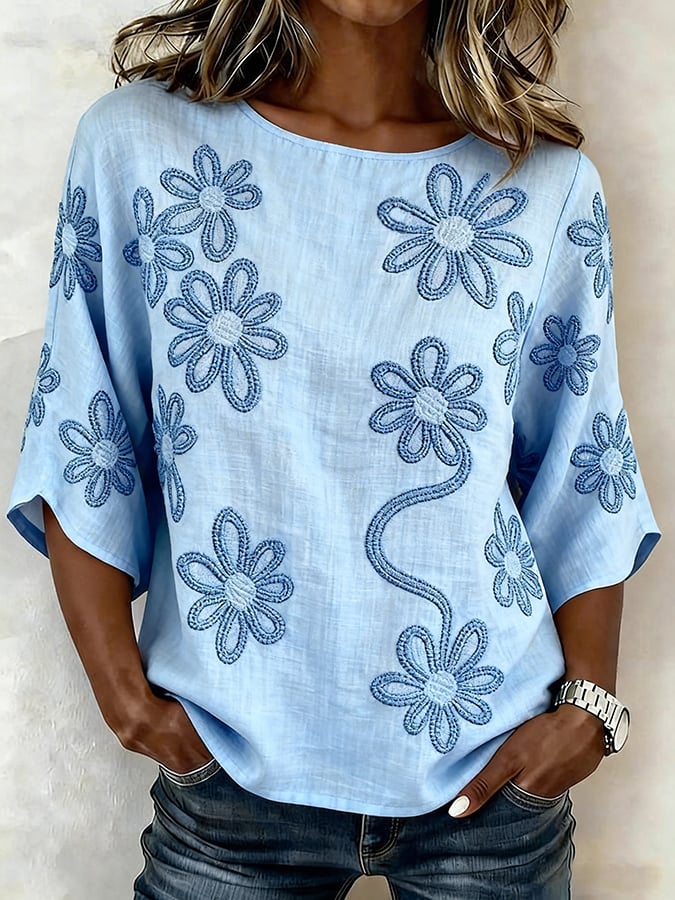 Women's Casual Round-Neck Printed Cotton-Linen Top- Fast Shipping