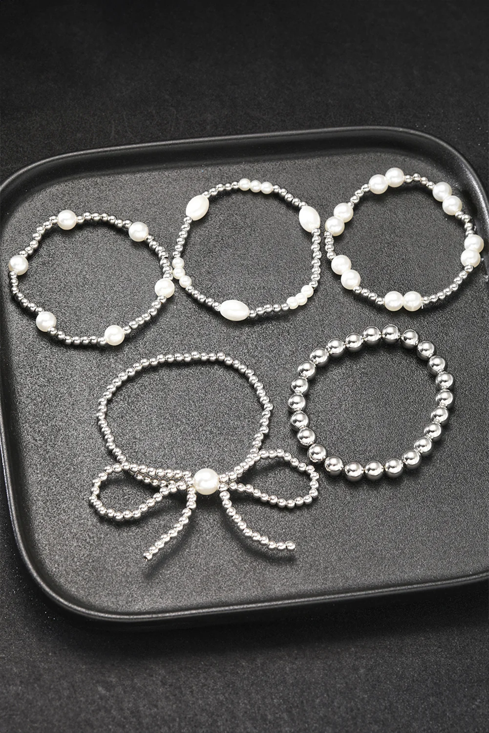 Silvery Bow Knot Pearl Beaded Multi Layered Bracelet Set