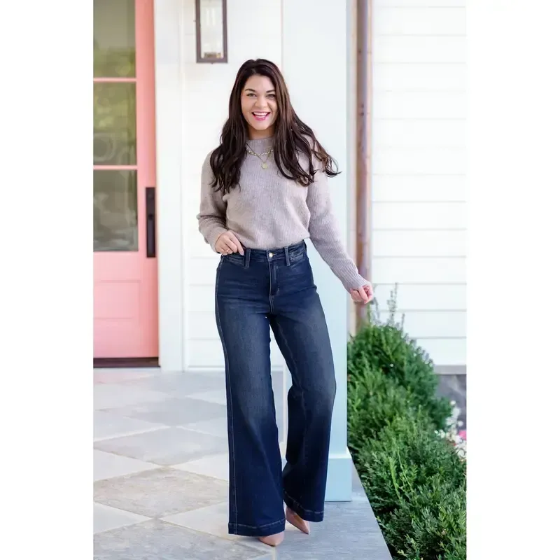 High-waisted dark washed vintage wide-leg jeans