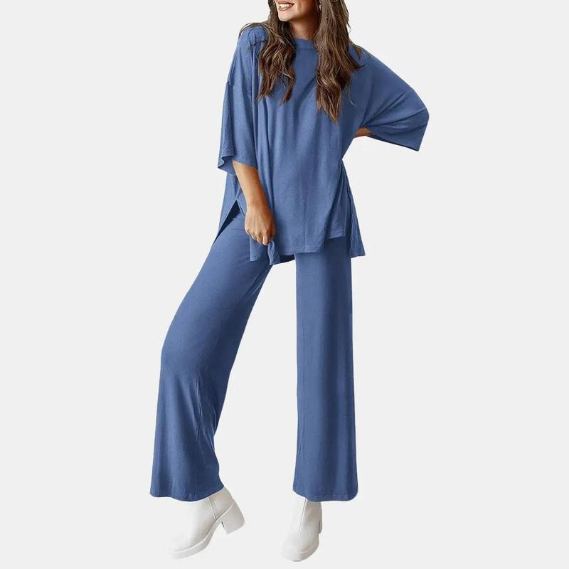 Women’s 2-Piece Lounge Set – Short Sleeve Top & Wide Leg Pants