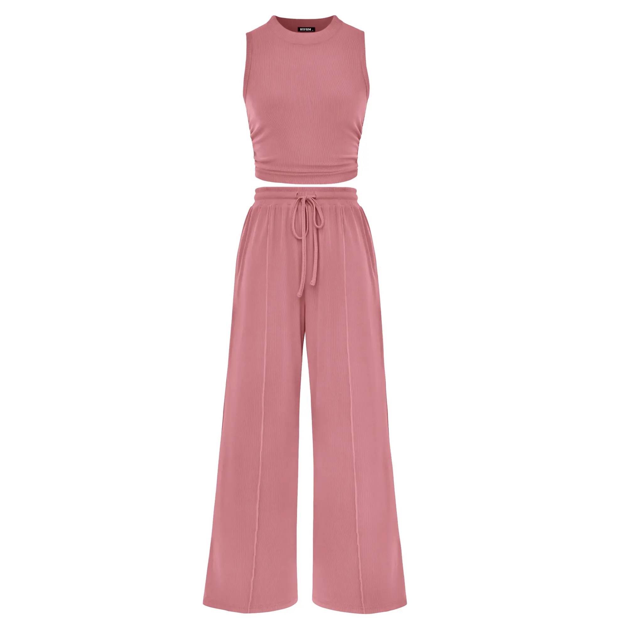 Women's Summer 2-Piece Outfits - Ribbed Knit Crew Neck Sleeveless Cropped Top & Wide Leg Pants Lounge Set