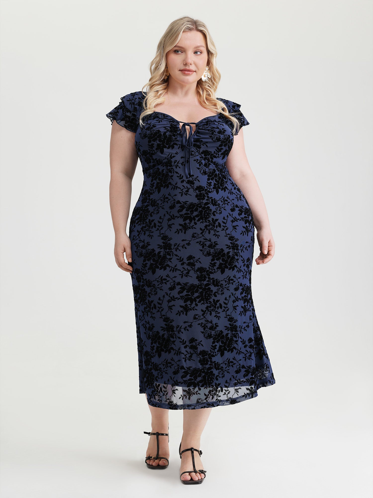 Floral Flocked Mesh Ruched Drawstring Midi Dress