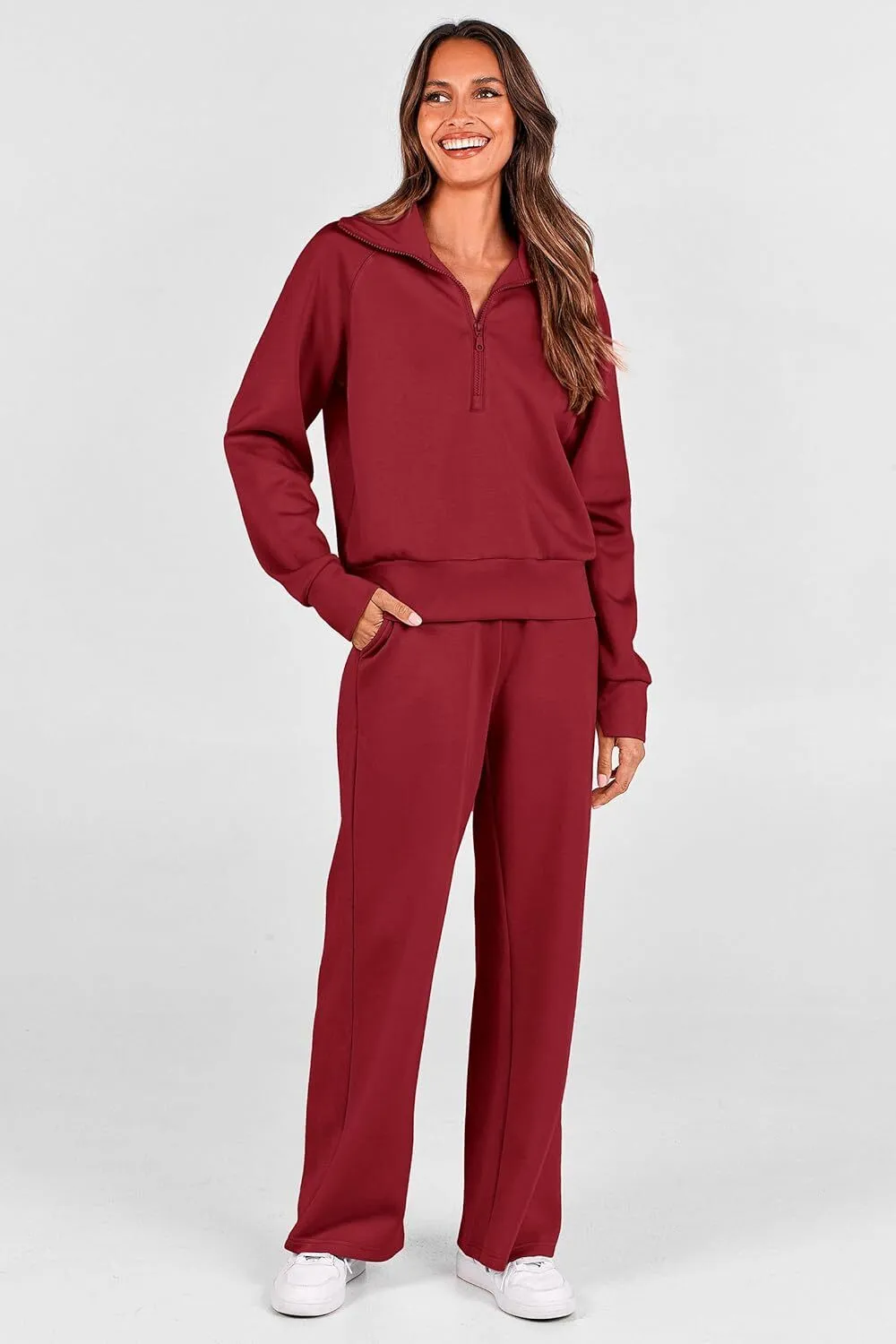🔥Final Day Clearance!🛒Women's 2 Piece Outfits Casual Lapel Half Zip Sweatshirts And Wide Leg Pants Tracksuit Sets
