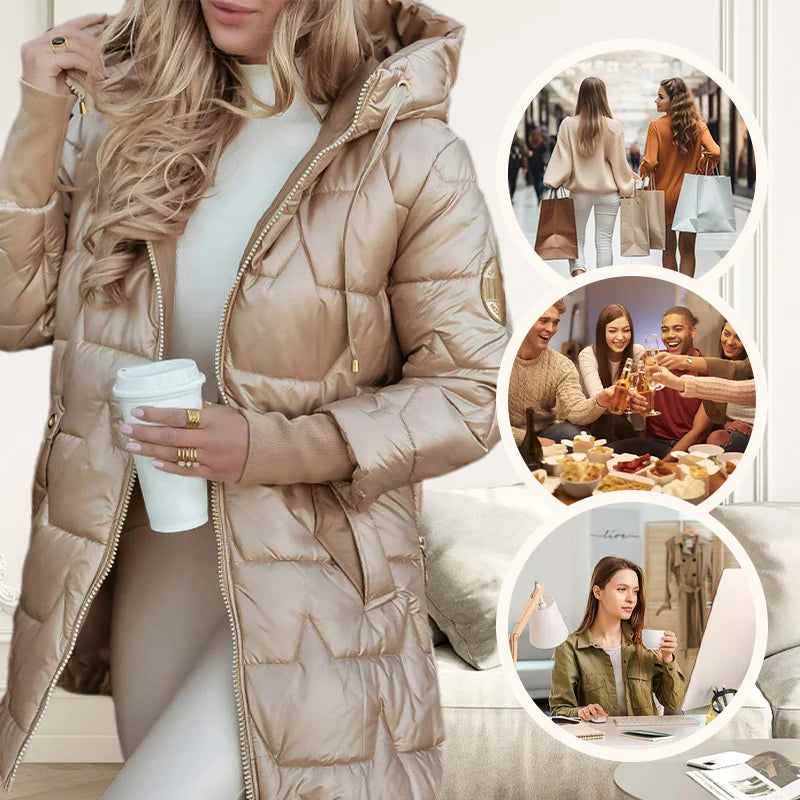 Women's winter warm hooded coat in medium length