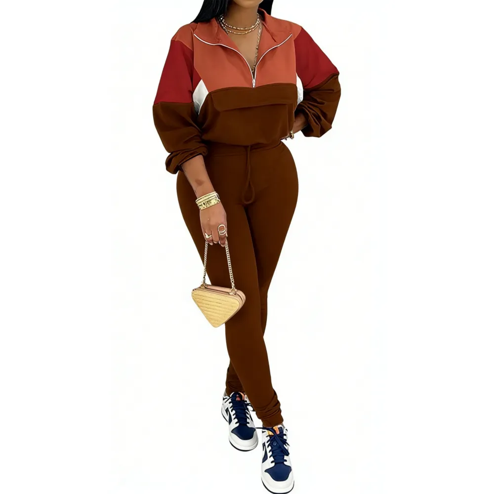 Women's Colorblock 2-Piece Knit Zip Jacket Elastic Waist Tracksuit