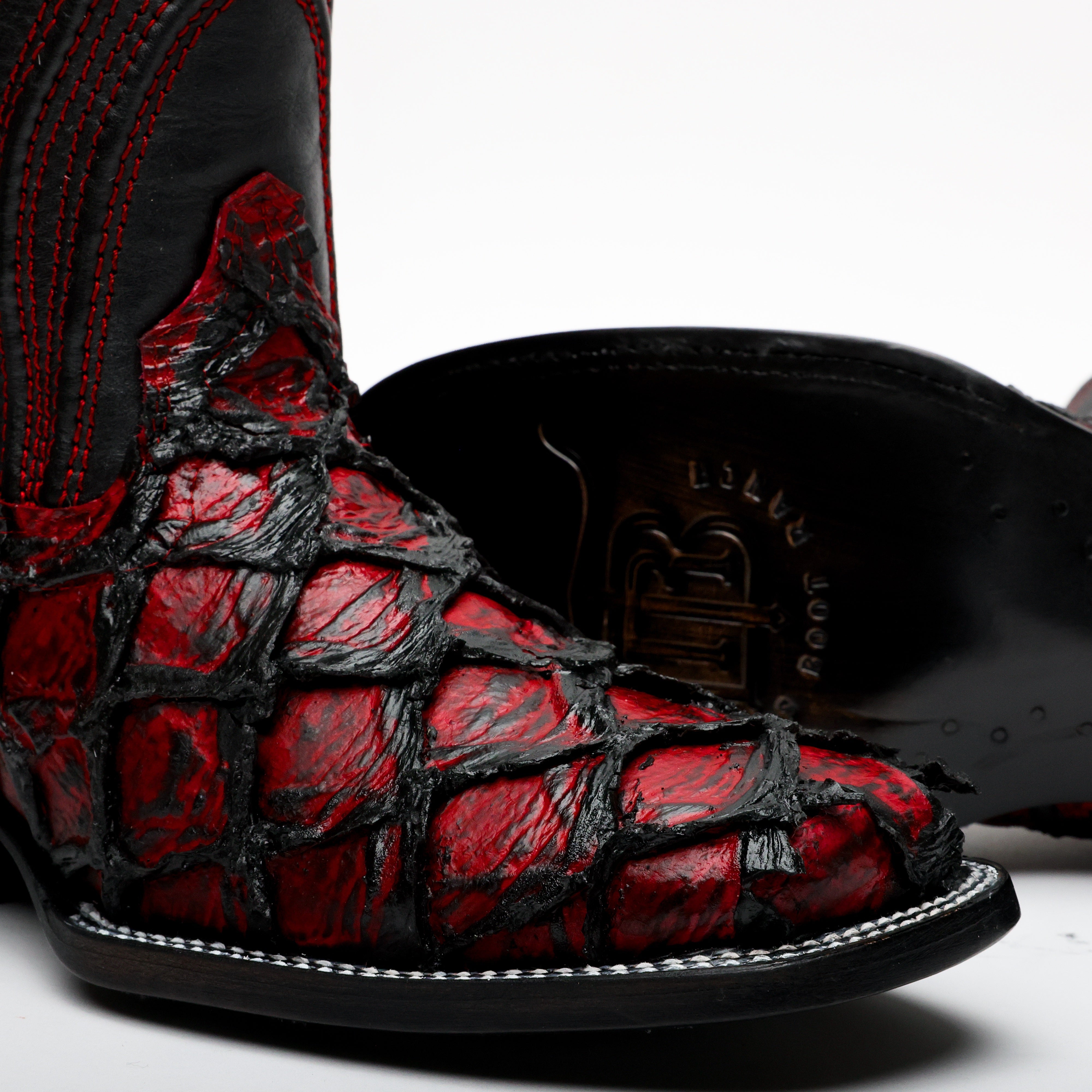 Black Cherry Jumbo Pirarucu Leather Boots - Square Toe