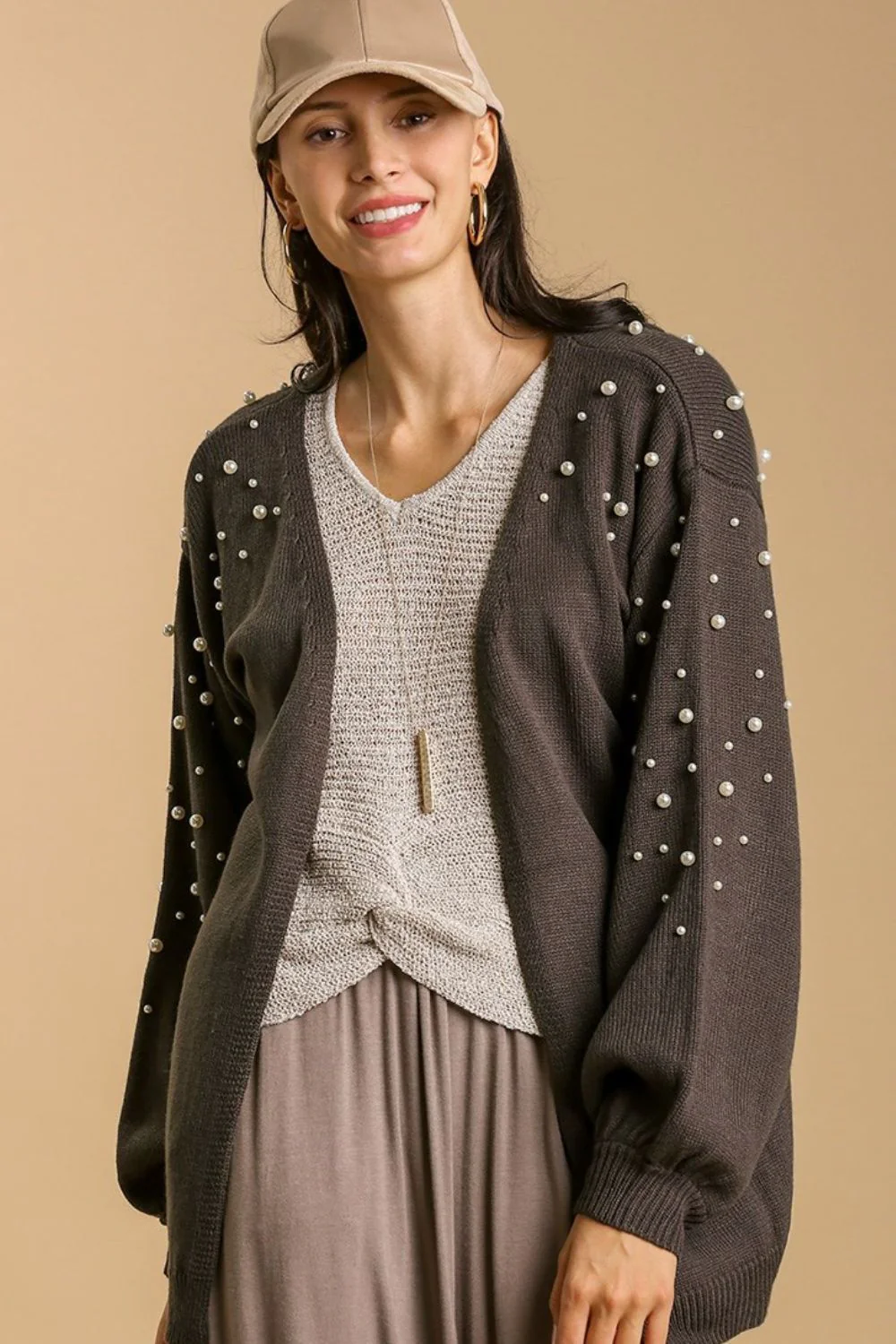 Full Size Open Front Cardigan with Long Sleeve Pearl Details Plus Size