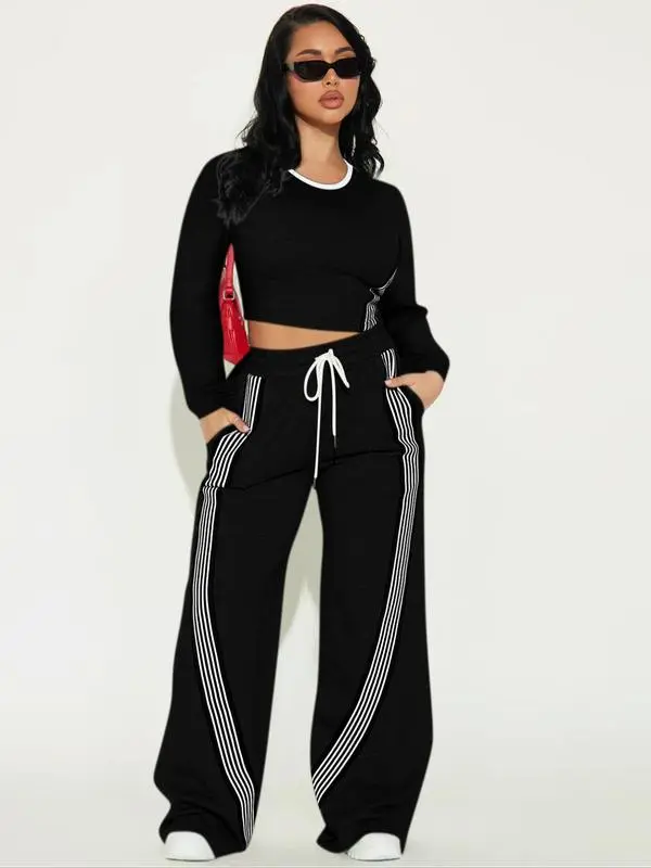 Women Casual Long Sleeve Top and Side Stripe Sports Pants Set