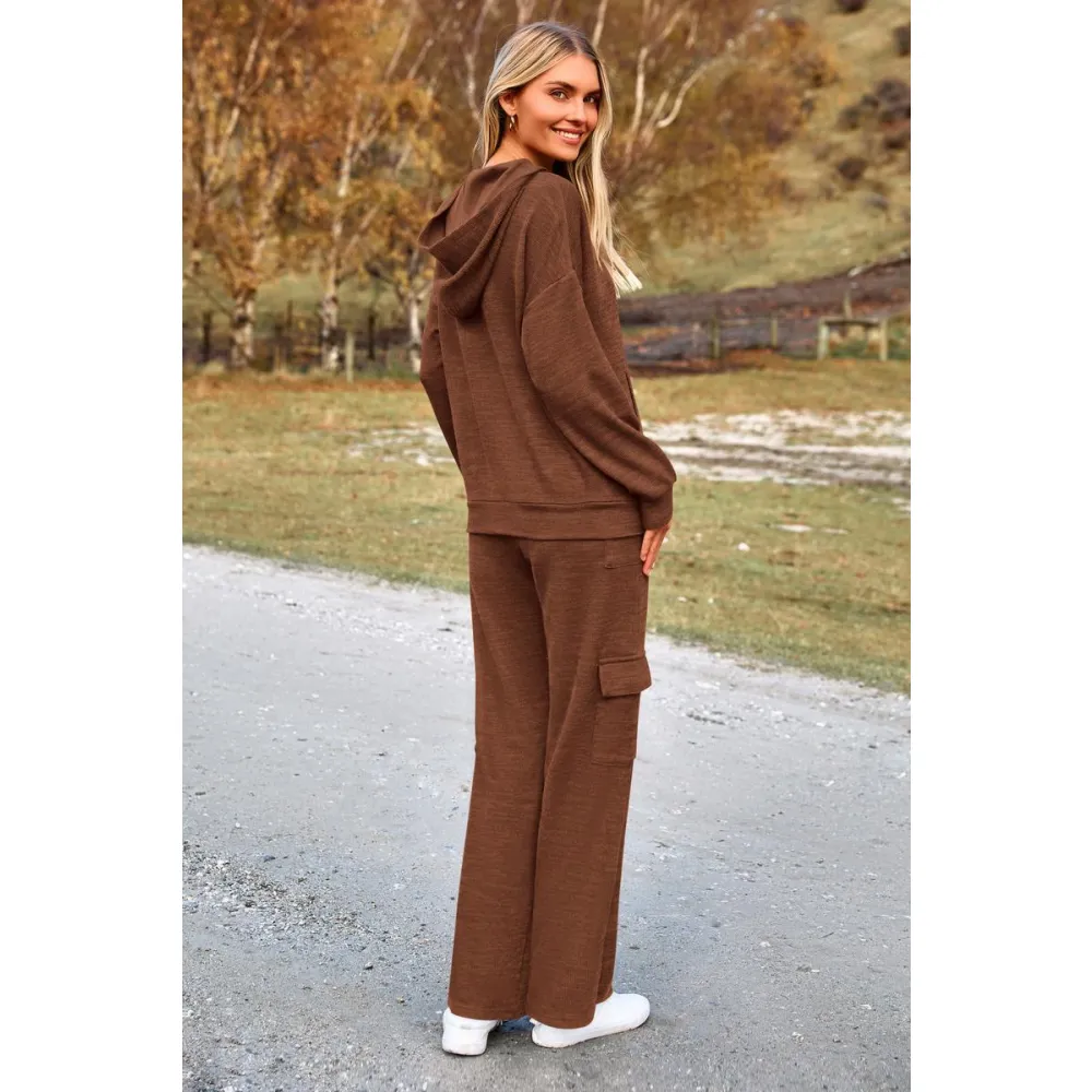 Women’s Casual Knit Tracksuit – Hoodie & Wide Leg Pants with Pockets