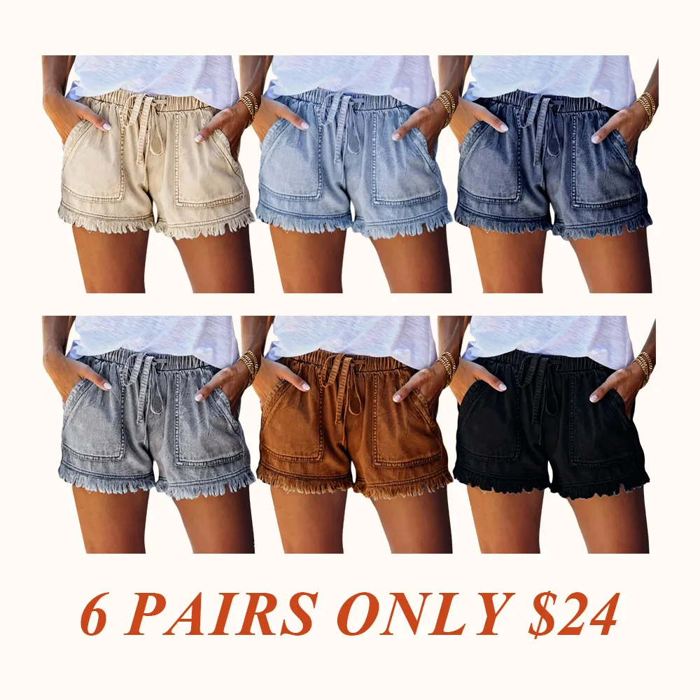 Women's Plain Drawstring Waist Denim Shorts, Casual Fashion Pocket Shorts for Daily Wear