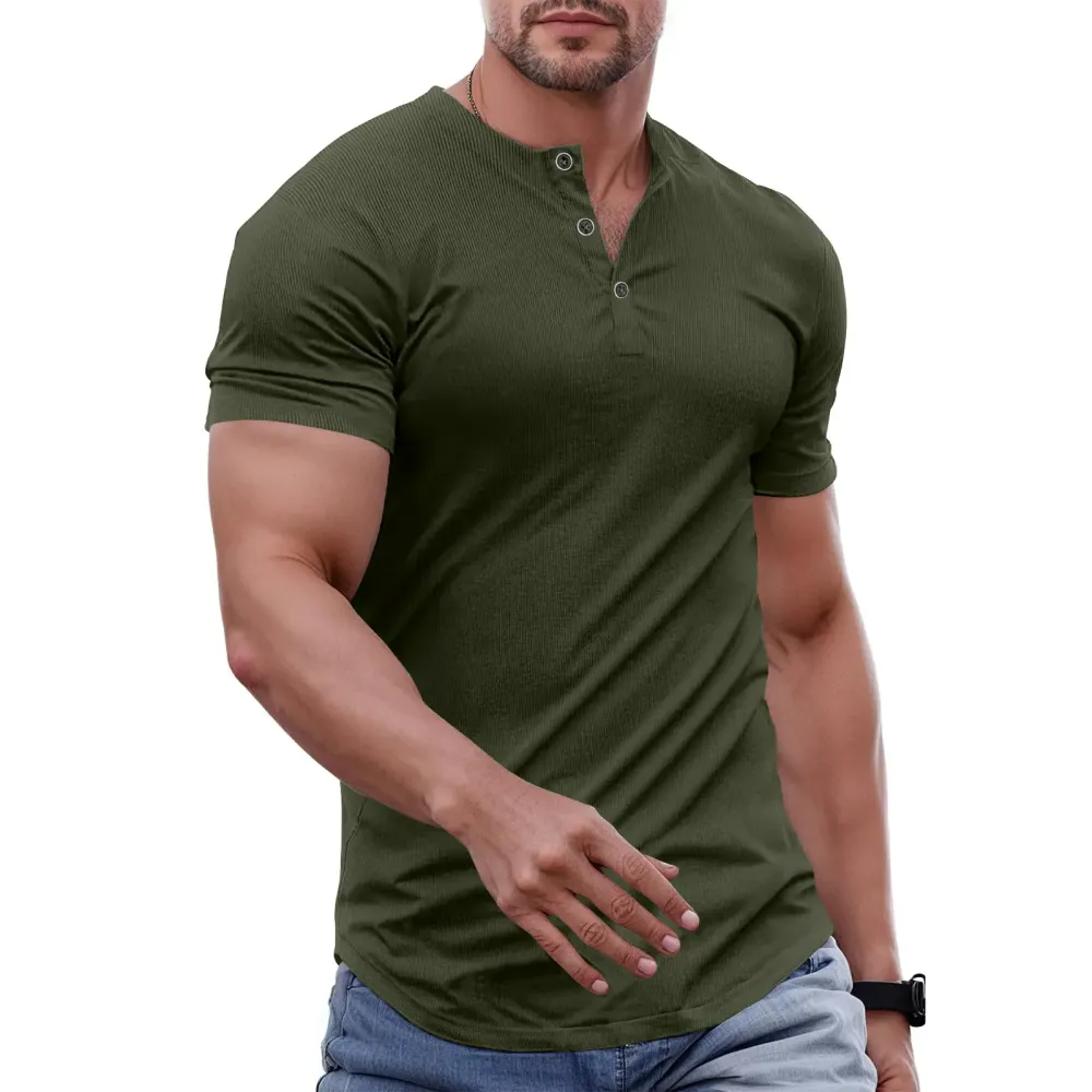 Men's solid color slim-fit Henley neck T-shirt
