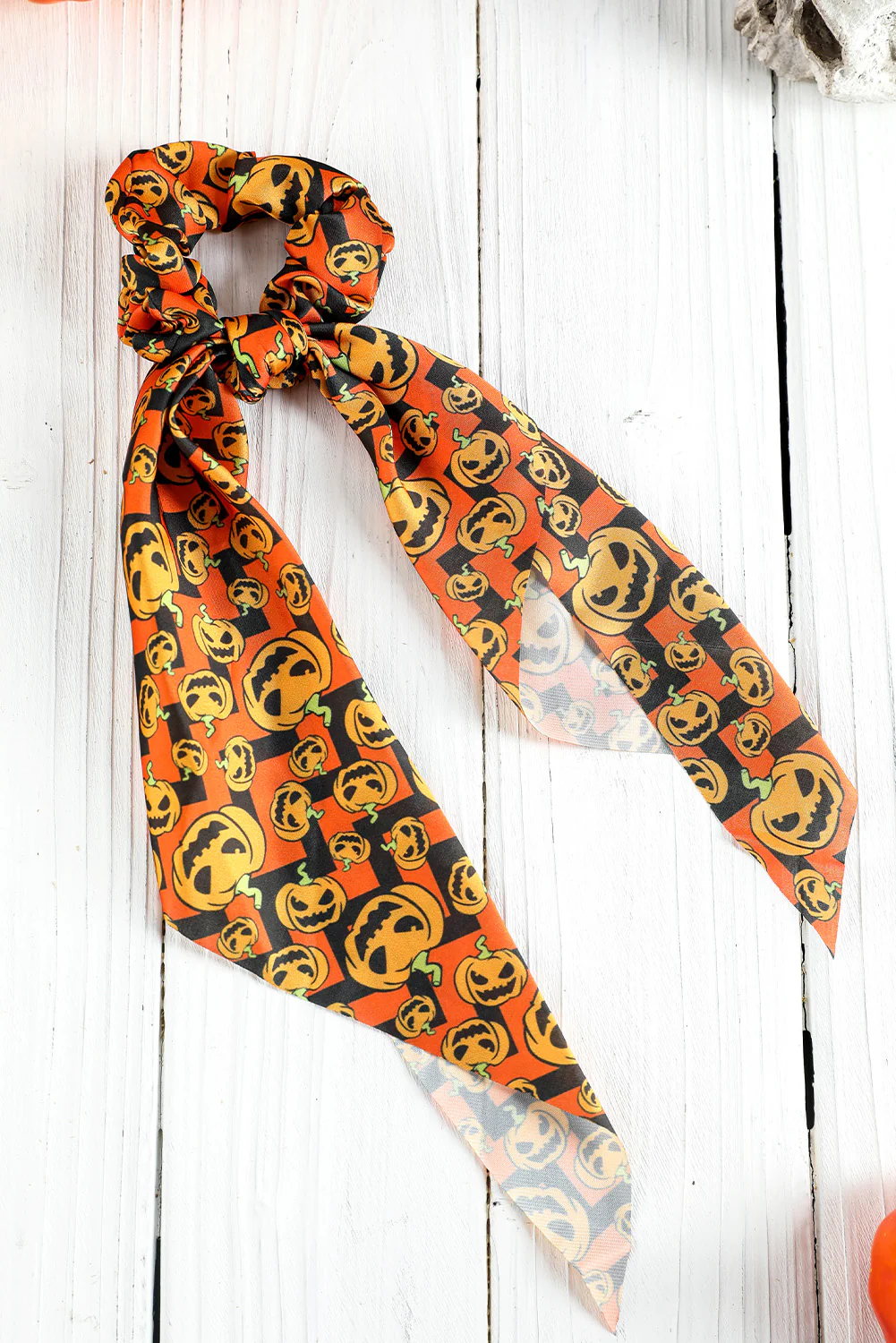 Bristol Black Halloween Pumpkin Face Printed Satin Scrunch Hair Tie
