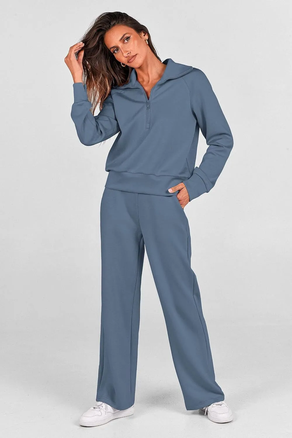 🔥Final Day Clearance!🛒Women's 2 Piece Outfits Casual Lapel Half Zip Sweatshirts And Wide Leg Pants Tracksuit Sets