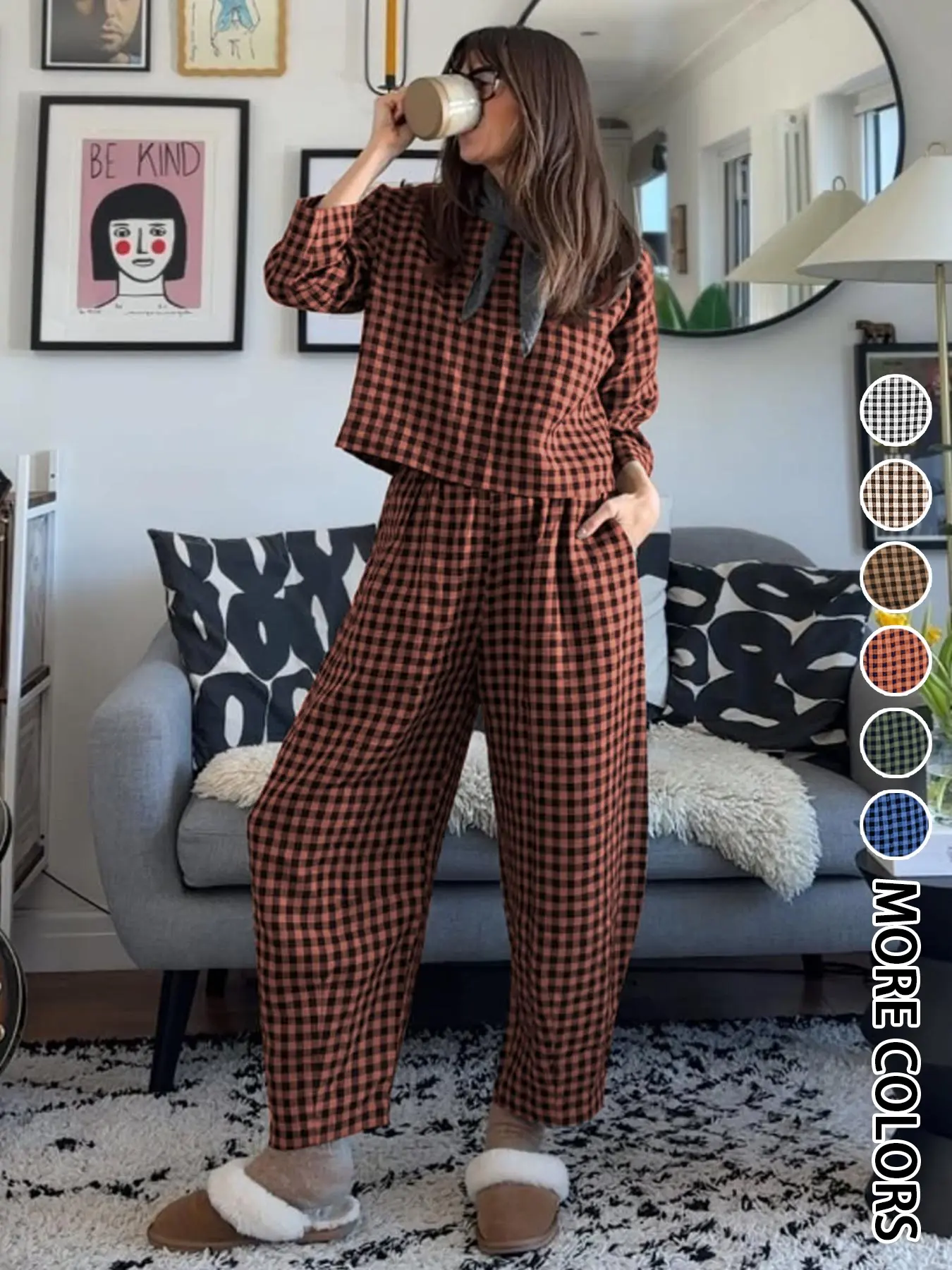 Women's Casual Woven Fabric Plaid Checkered Print Co-ord Set for Fall, Loose Fit Long Sleeve Top & Elastic Waist Wide Leg Pants Two-Piece Set