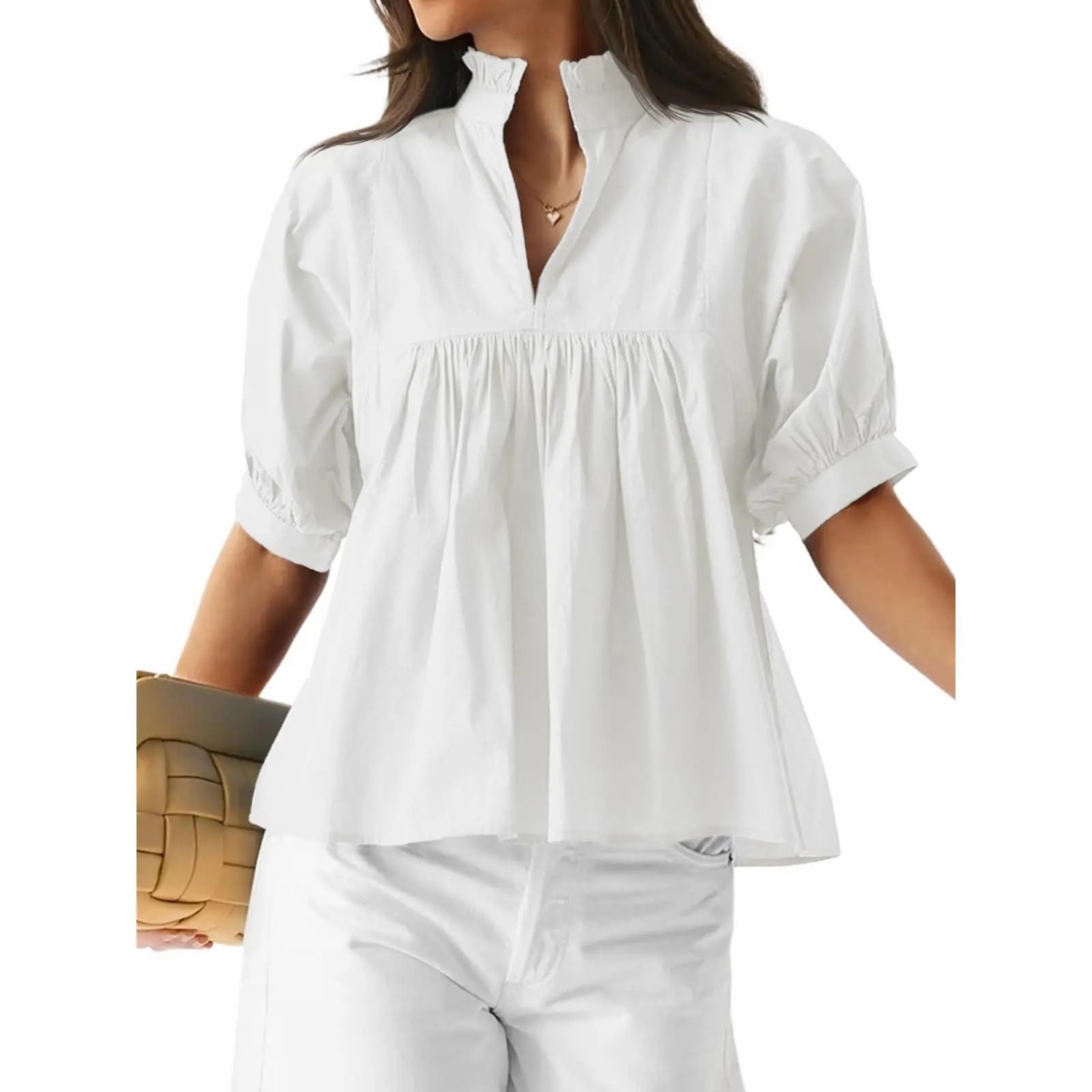 Elegant V-Neck Puff Sleeve Peplum Blouse - Versatile Dressy Casual