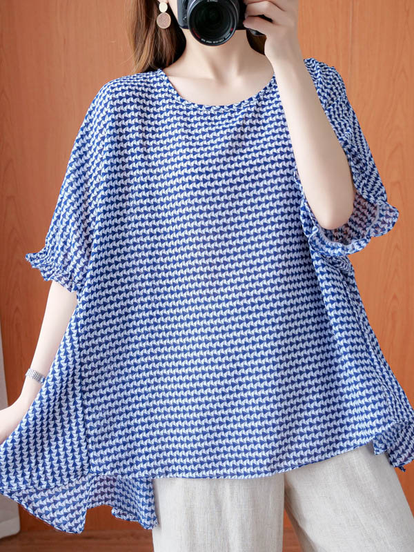 Casual Split-Joint Plaid Round-Neck Batwing Sleeves T-Shirts