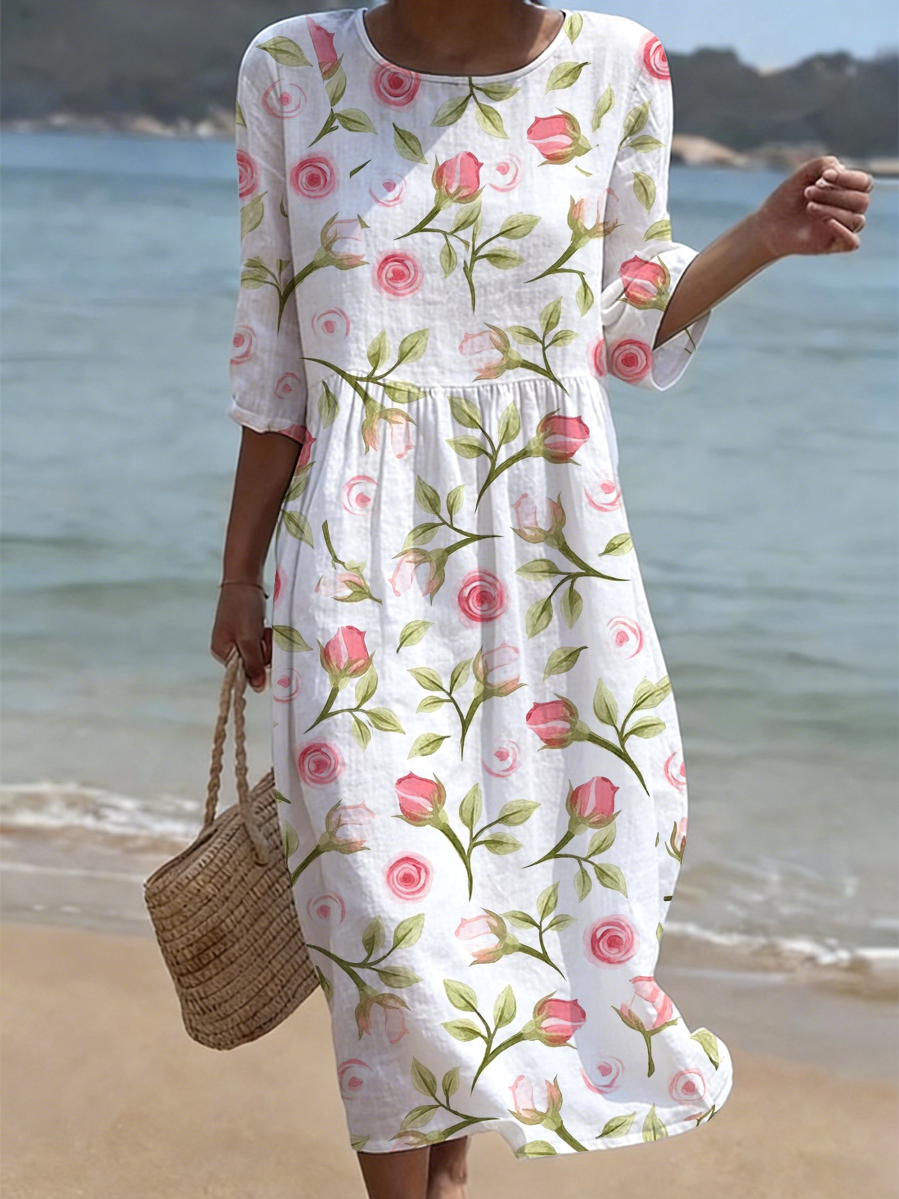 Women's Casual Solid Color Round Neck Mid-Sleeve Floral Print Cotton Linen Dress- Fast Shipping