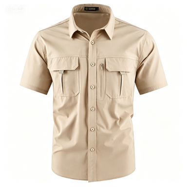 Men's American-Style Solid Color Shirt with Hidden Ventilation Holes Casual Summer Beach Nylon Shirt High-Quality Fabric Short Sleeves Button Closures