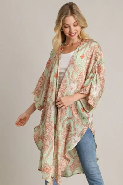 Full Size Mixed Print Open Front Kimono with Ruffle Sleeves