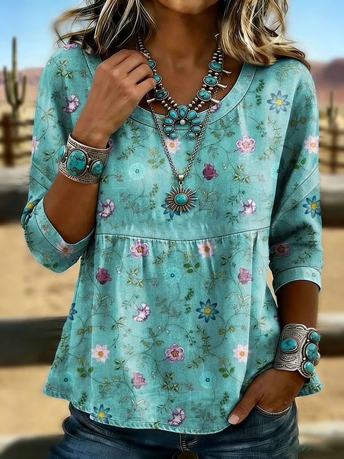 Women's Vintage Floral Cotton-Linen Top