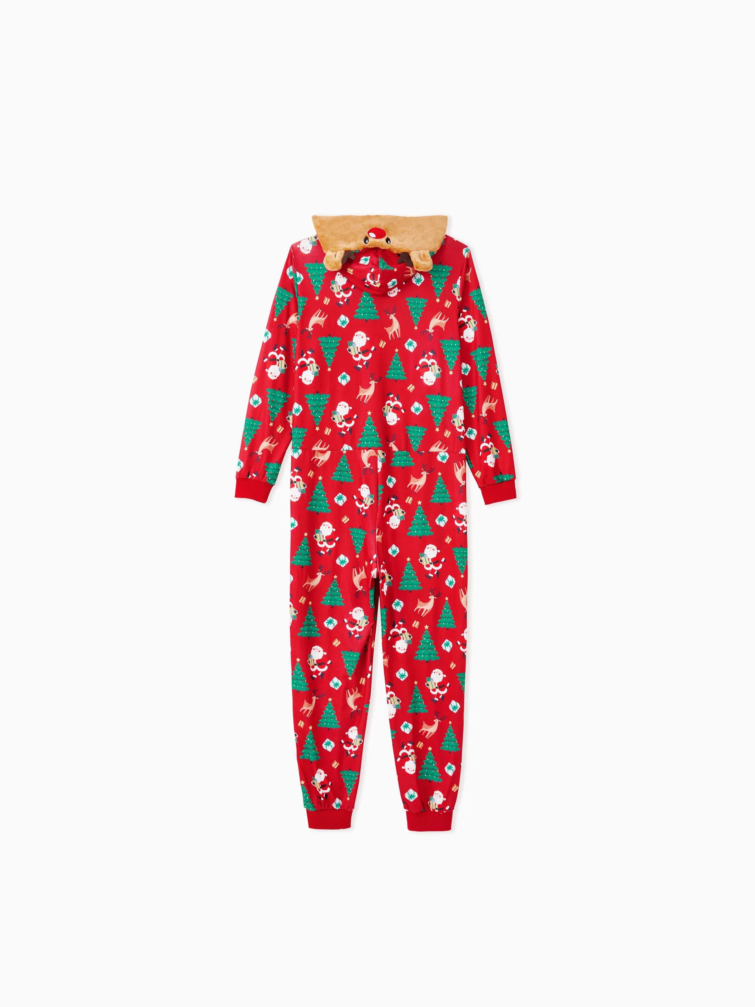 Christmas Family Pajamas Sets 3D Reindeer Hooded Allover Print Onesies with Christmas Socks Red-2