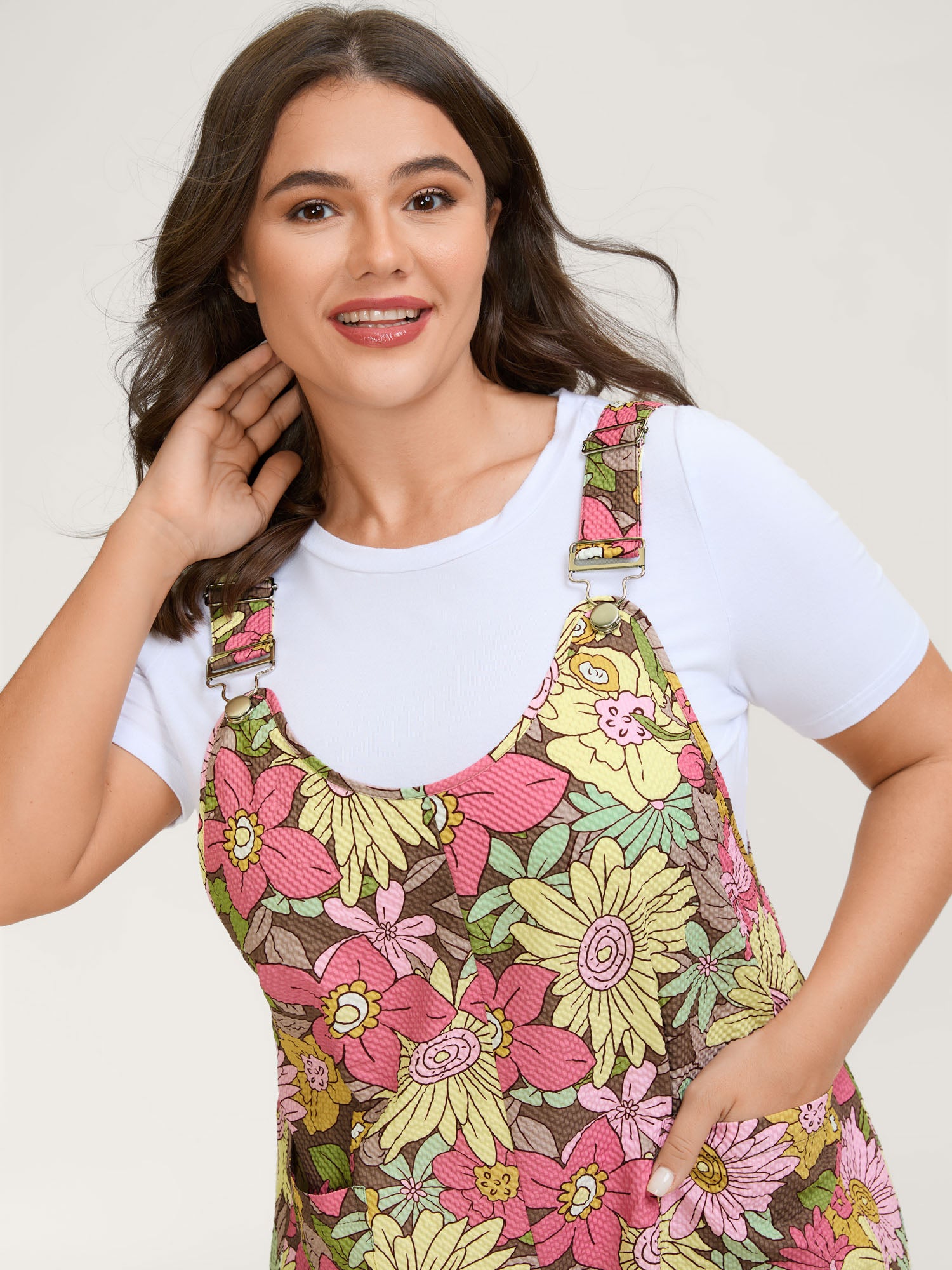 Floral Print Textured Overall Straps Dress