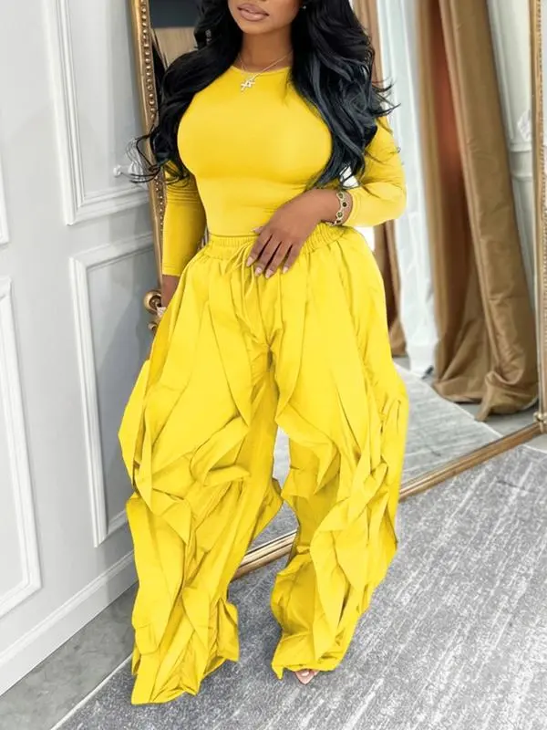 Women's Slim-Fitting Top & Wide-Leg Patchwork Ruffle Pants Set