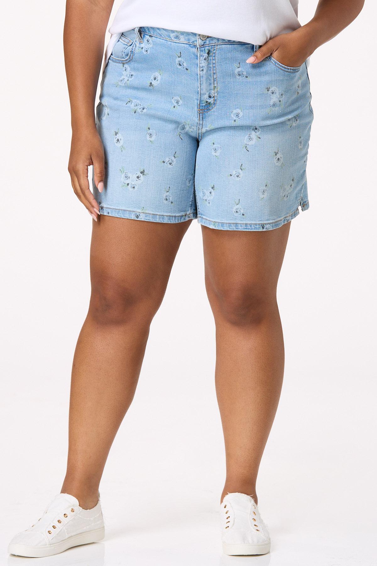 Plus Size Floral Print Denim Shorts