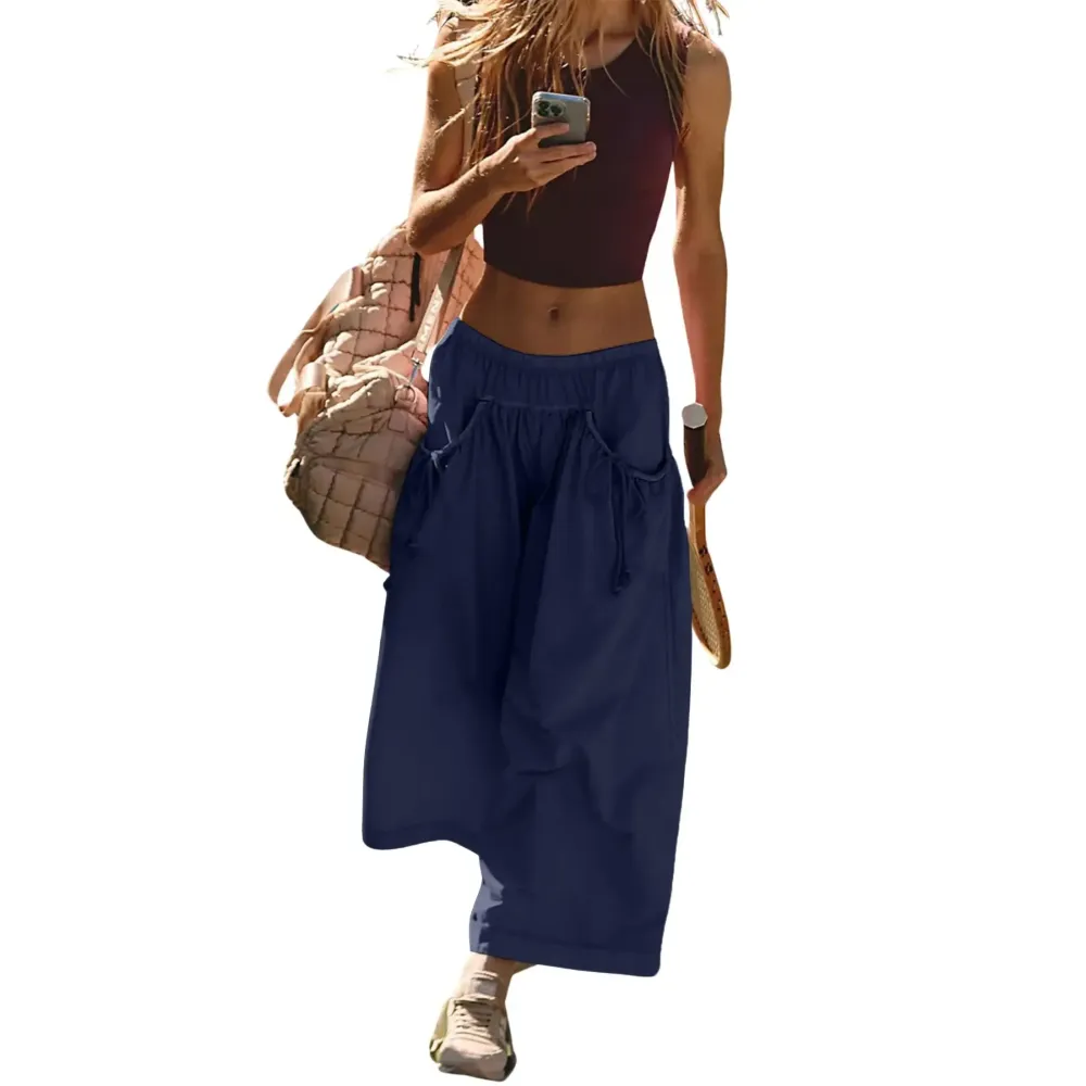 Women's Loose Wide Leg Track Pants Boho Sport Style Drawstring Pockets Elastic Waist Capri Hiking