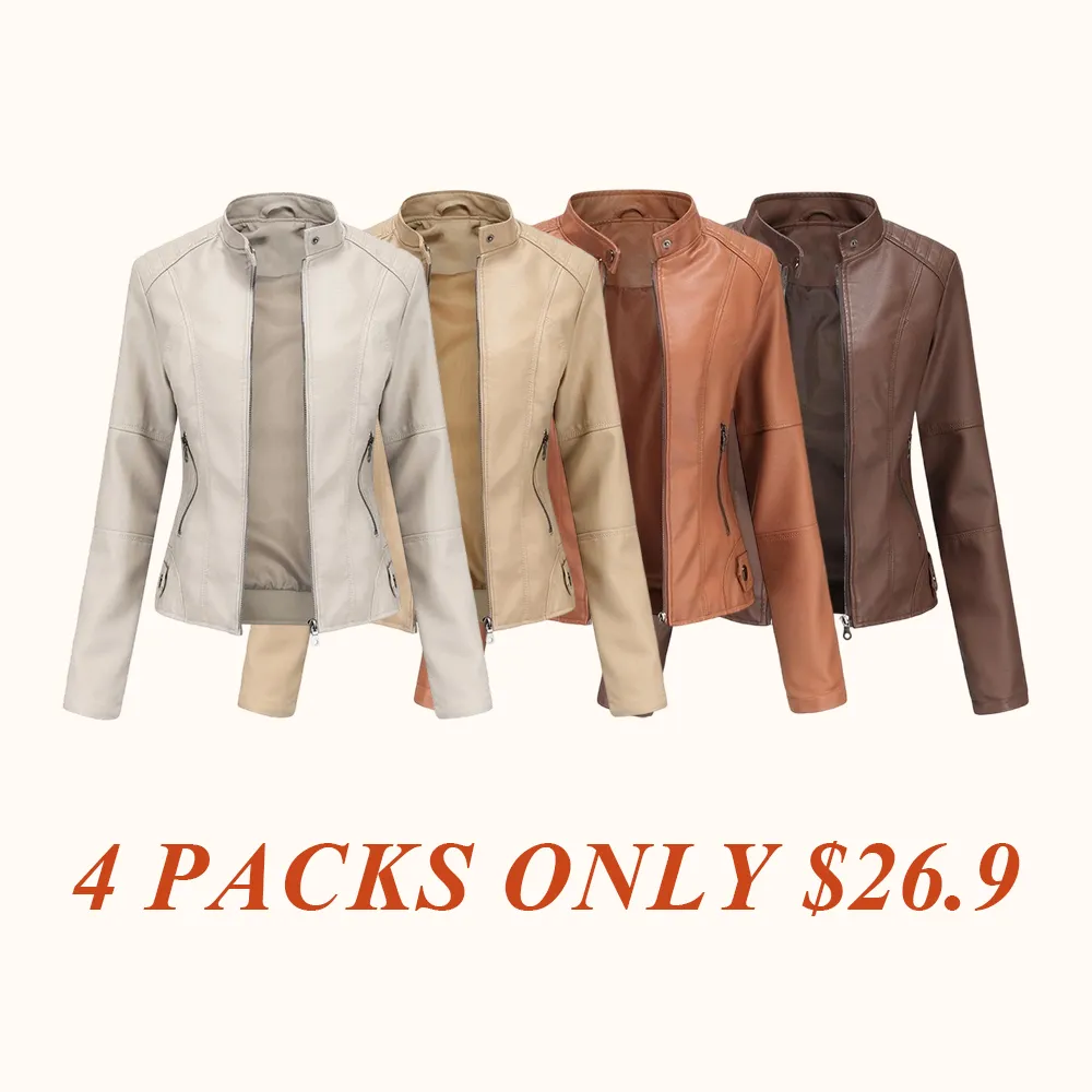 Women's Slim Fit Faux Leather Jacket Stand Collar Motorcycle Style Spring Autumn