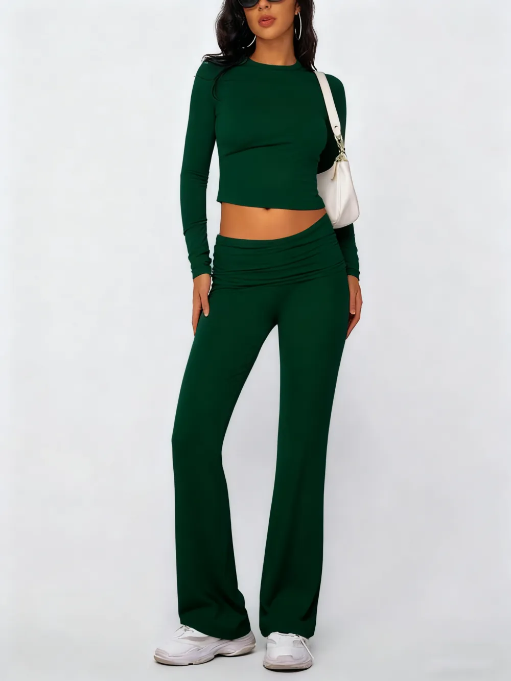 Casual Longsleeves Crop Tee & Fold Over Waist Flare Leg Pants Set