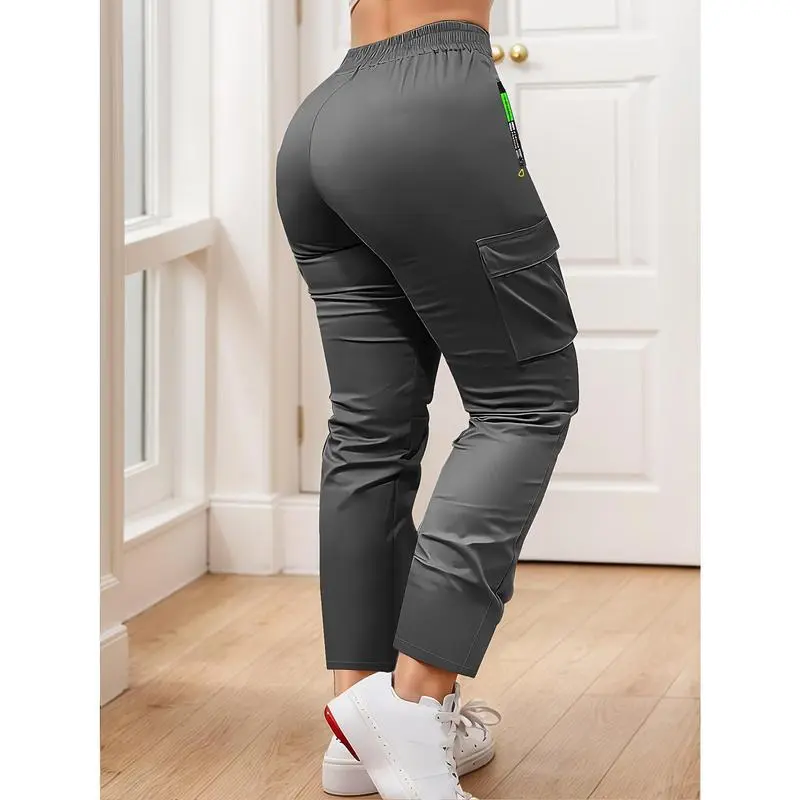 Women's Heavy-Duty Cargo Pants with Multi-Zipper Pockets & Neon Green Accents