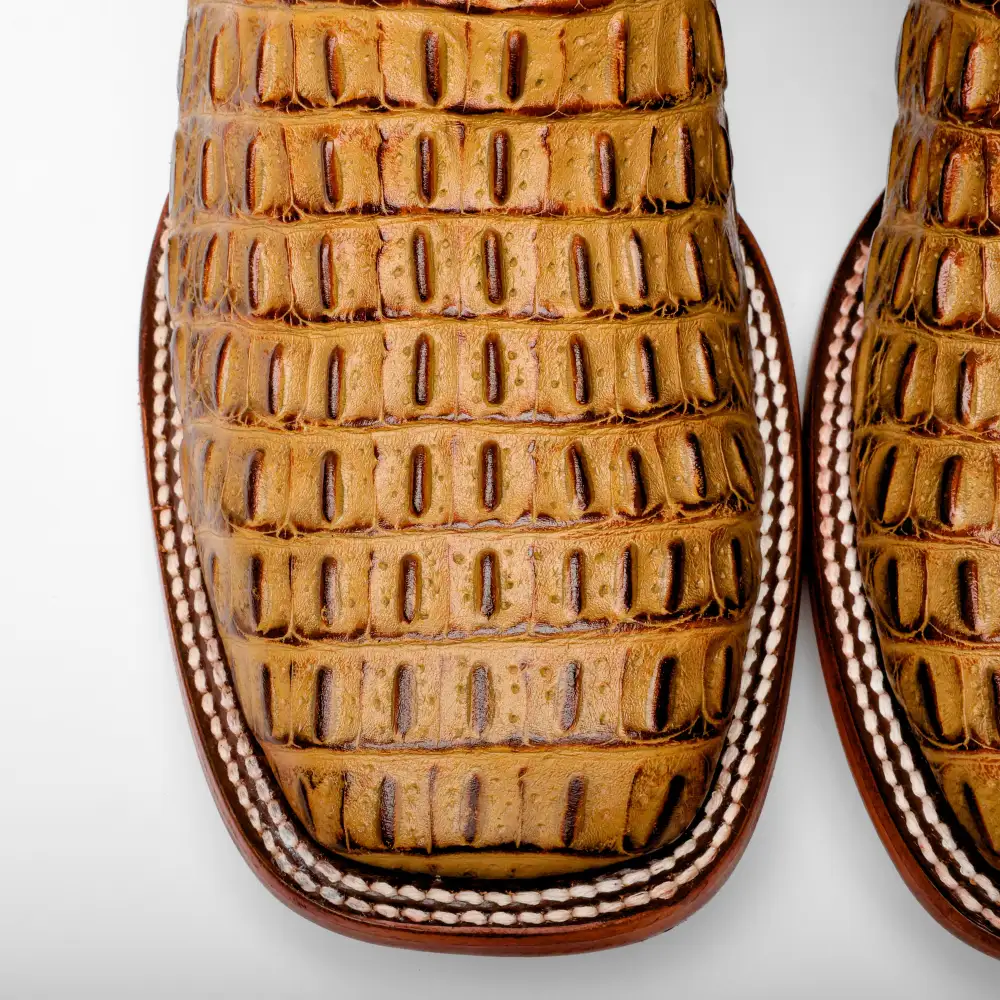 Honey Caiman Hornback Leather Boots - Square Toe