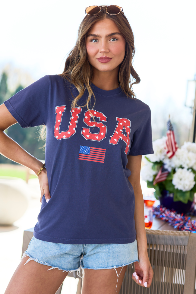 Athletic USA Flag Star Print Navy Graphic Tee