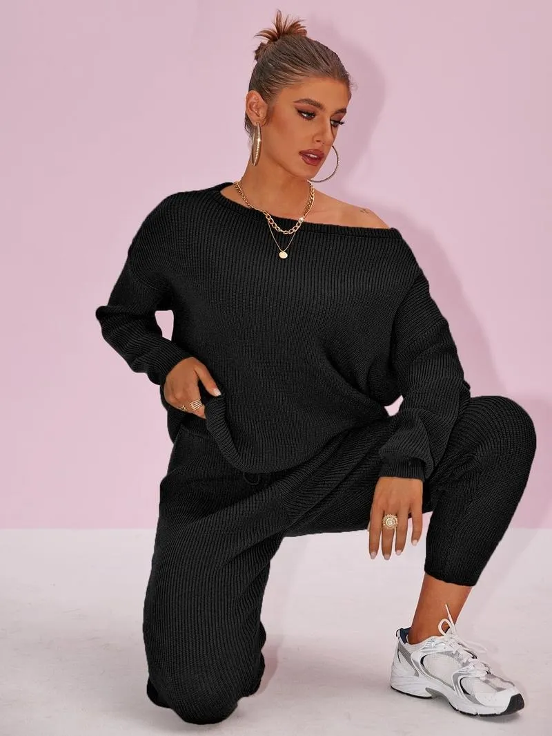 Women's 2025 Fall Winter Knit Set Oversized Sweater & Lounge Pants Matching Sets