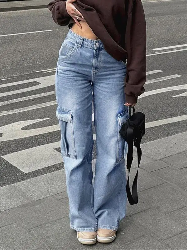 Women's High Waist Cargo Jeans with 6 Pockets, Wide Leg Baggy Denim Pants for Casual Street Style