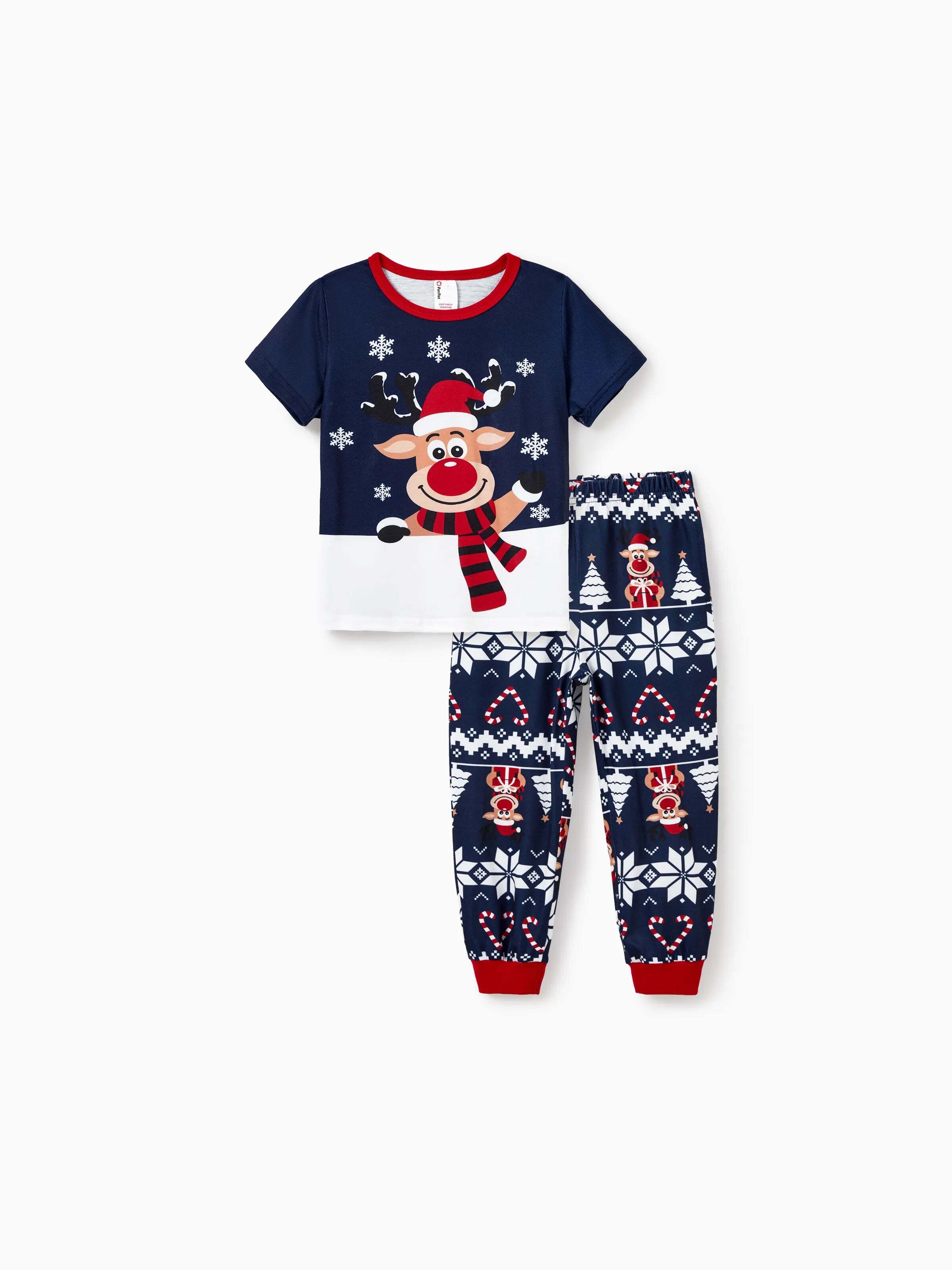 Christmas Matching Family Pajamas Set Reindeer and Snowflake Print PJS Deep Blue
