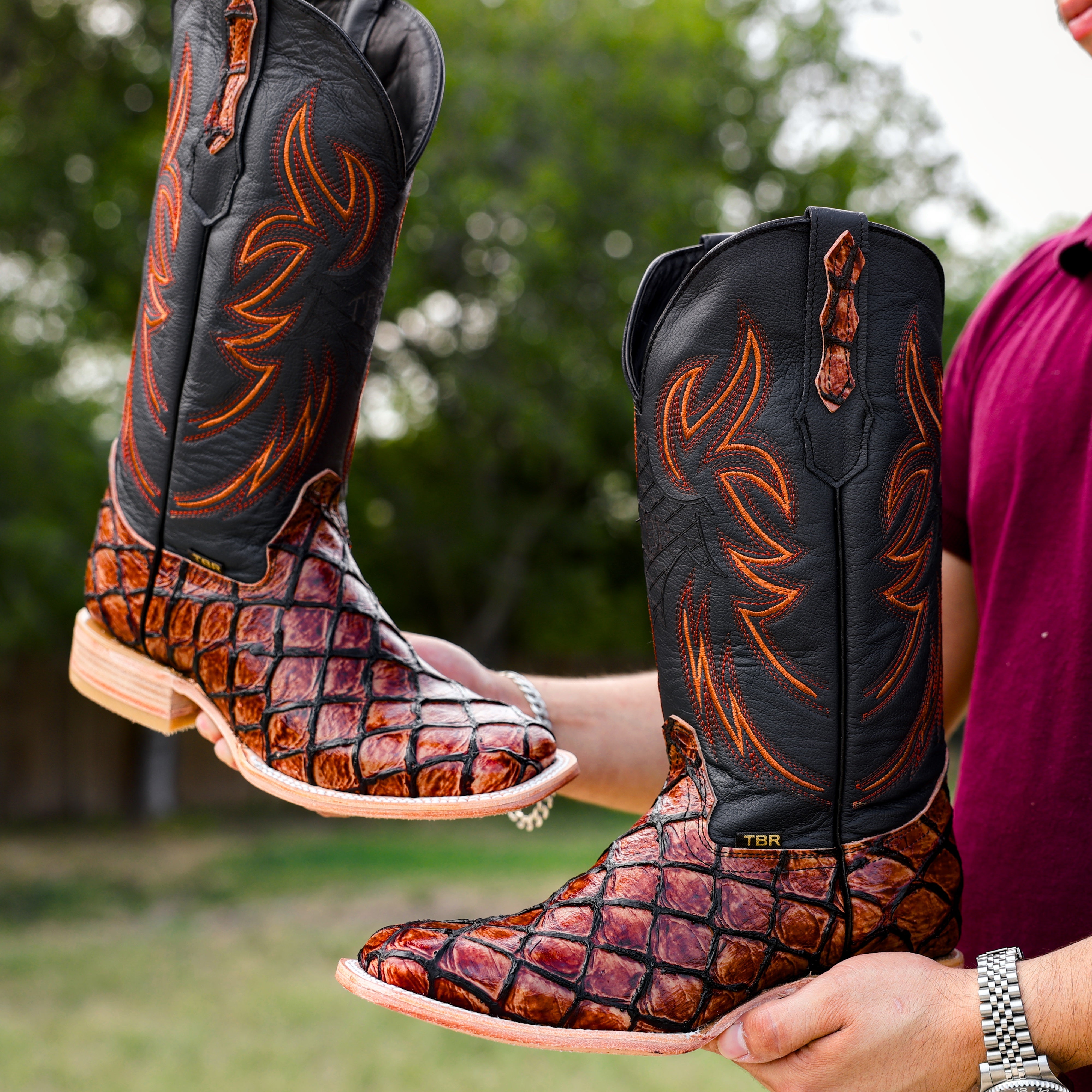 Cognac Pirarucu Leather Boots - Square Toe