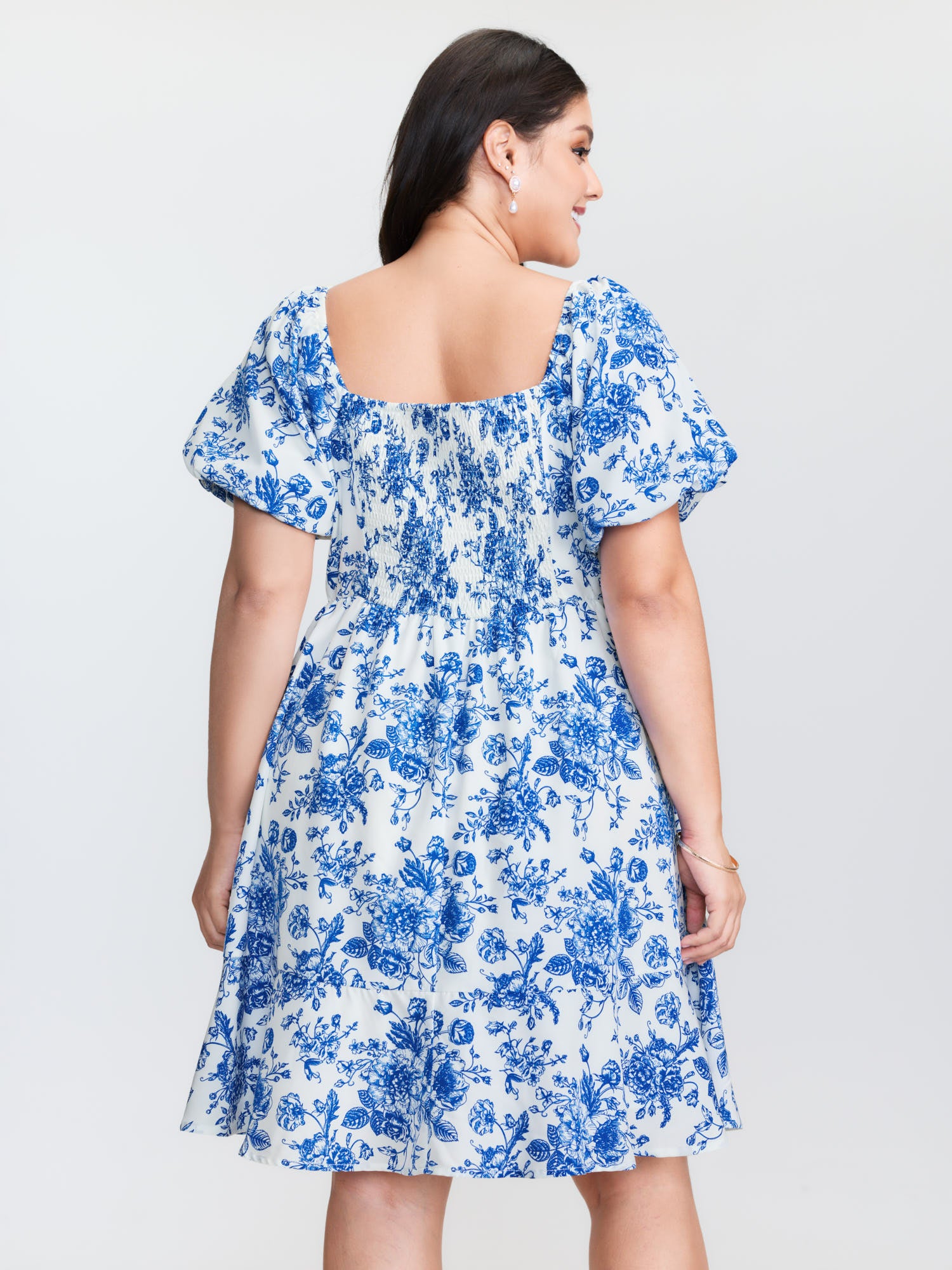 Floral Print Shirred Bodice Drawstring Mini Dress